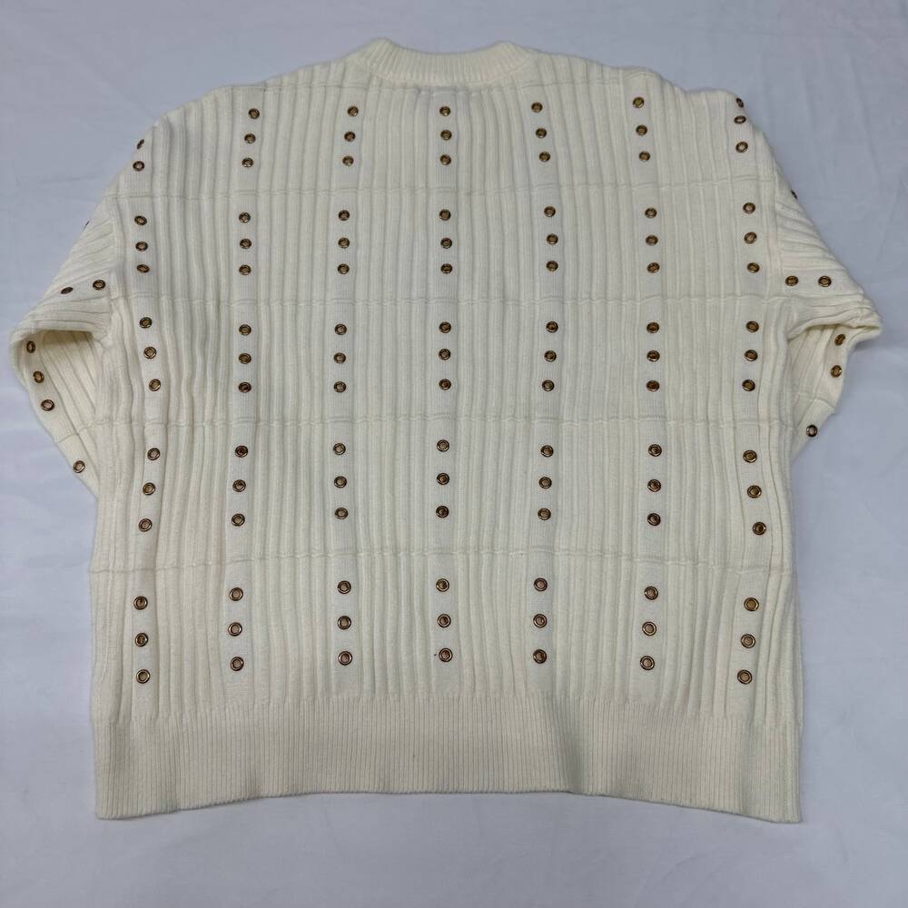 Vaara VR622 Grommet Sweater Women Large Cream Ribbed Knit Gold Stud Pullover - Picture 2 of 6